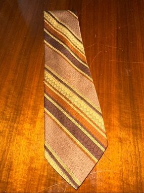 Vintage 70s Damon Diagonal Stripe Polyester Wide Tie in Brown, Gold, and Tan